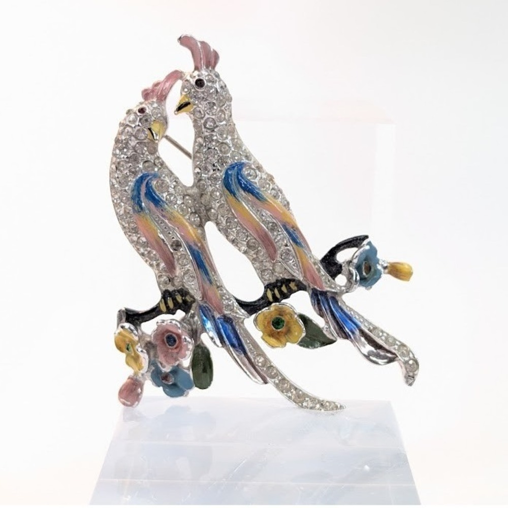 VTG 1940s Coro Enamel Rhinestone Cockatoo Bird‎ Brooch Pin Figural Silver Tone